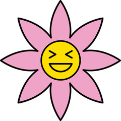 Cute and colorful collection of spring Happy Flowers with smiling faces. Groovy daisy flowers set. Flat color icons. Simple flower silhouette Retro vintage style Vector illustration .