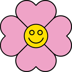 Cute and colorful collection of spring Happy Flowers with smiling faces. Groovy daisy flowers set. Flat color icons. Simple flower silhouette Retro vintage style Vector illustration .