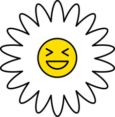 Cute and colorful collection of spring Happy Flowers with smiling faces. Groovy daisy flowers set. Flat color icons. Simple flower silhouette Retro vintage style Vector illustration .