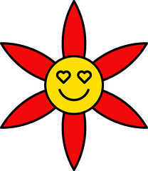 Cute and colorful collection of spring Happy Flowers with smiling faces. Groovy daisy flowers set. Flat color icons. Simple flower silhouette Retro vintage style Vector illustration .