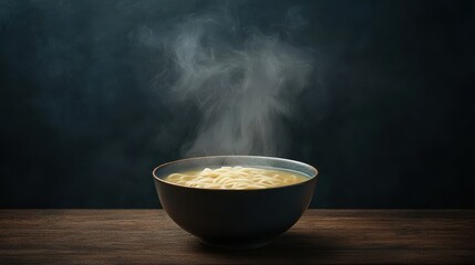 Steaming Bowl of Noodles on Rustic Wood Table with Dark Background Comfort Food Cuisine