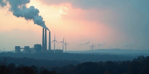Smokestacks and Wind Turbines at Sunset A Visual Representation of Energy Transition and Environmental Concerns