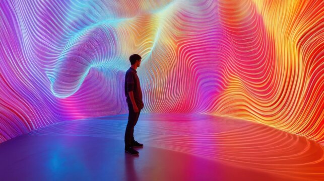 Man exploring immersive digital art installation with vibrant light waves