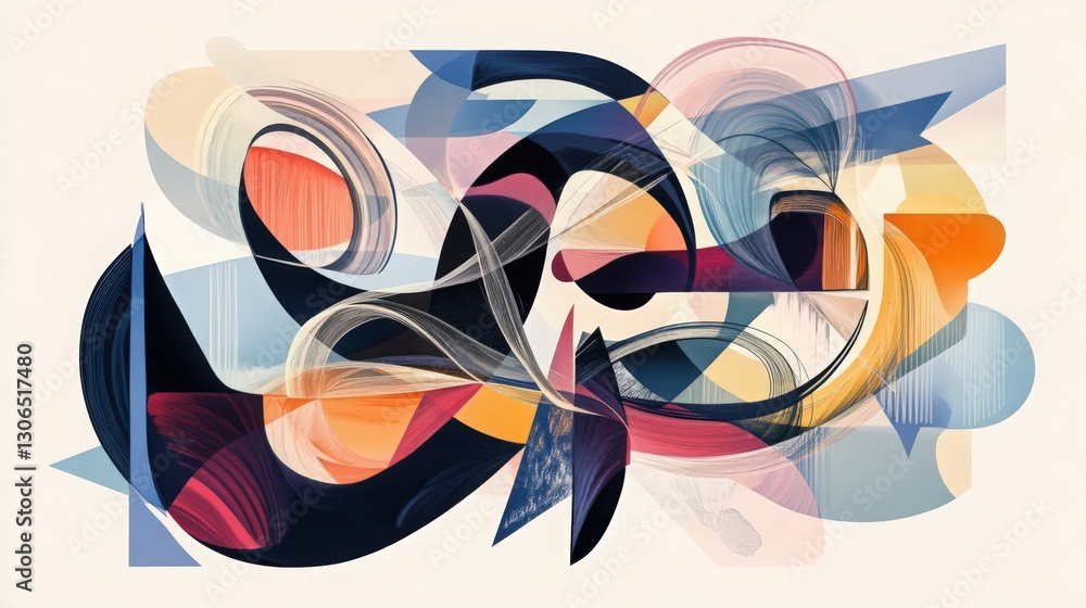 Poster dynamic composition of geometric shapes and fluid lines with harmonious colors