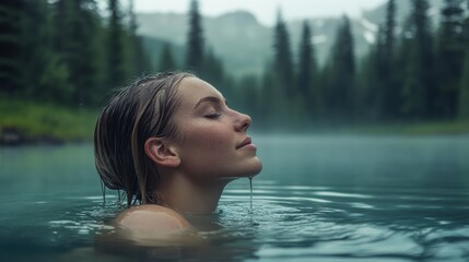 Fototapeta premium Adventurous woman joyfully swimming in a tranquil lake surrounded by scenic nature and trees
