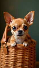 Tiny brown chihuahua's head pokes from wicker purse , pet, adorable, handbag