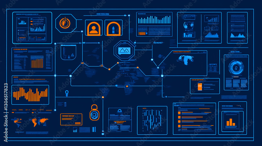Poster data analytics dashboard overview digital workspace visualization dark mode high-tech data insights