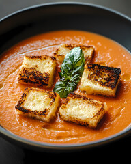 Creamy tomato soup topped with crunchy croutons and fresh basil leaves Generative AI