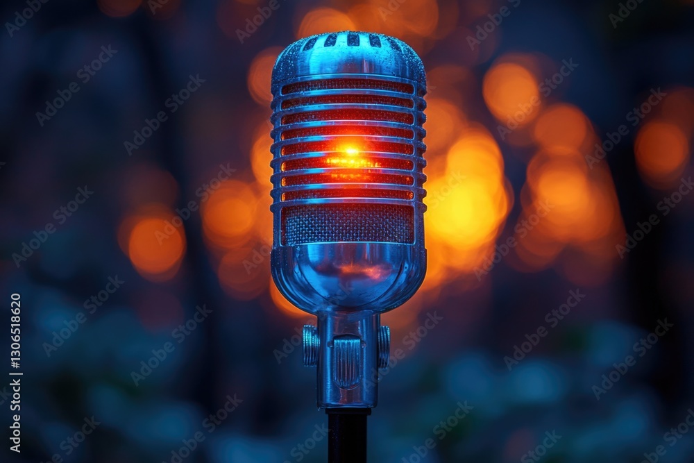 Poster a detailed view of a microphone with a blurred background