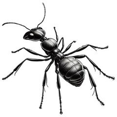 Black ant illustration, standing position, full body view. Shiny insect on transparent background, png, isolated.