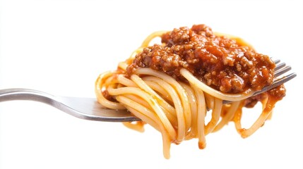 Delicious spaghetti with bolognese sauce on a fork culinary delight studio background gourmet view