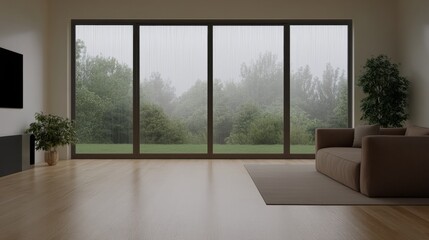 Modern Living Room with Floor-to-Ceiling Windows Overlooking a Lush Green Landscape on a Foggy Day, Interior Design with Minimalist Aesthetic