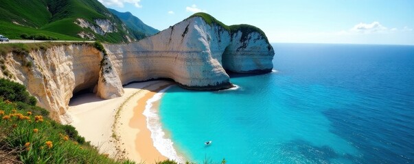Dramatic cliffs overlook pristine sandy cove, azure water sparkles , rocks, cove