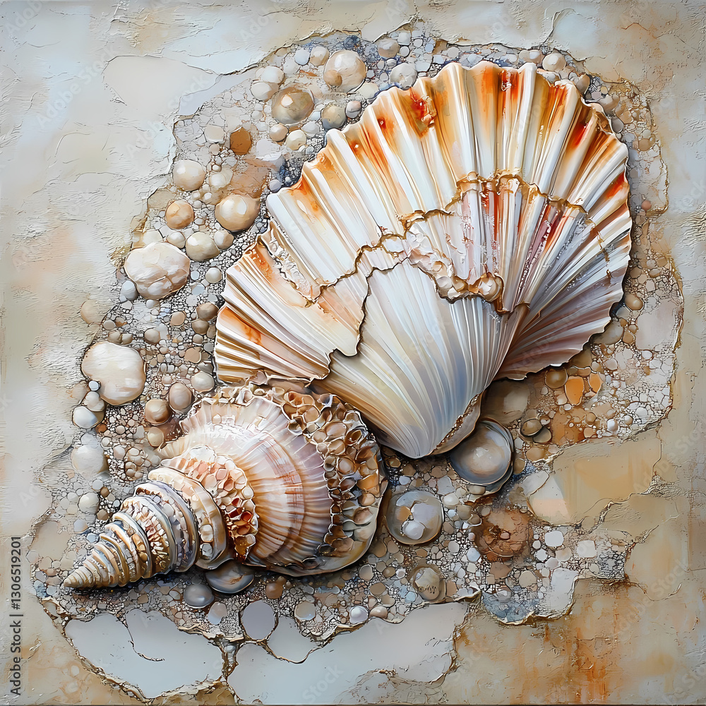 Poster detailed close-up of a beautiful seashell on textured background generative ai
