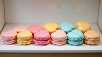 Fototapeta premium A delightful assortment of pastel-colored heart-shaped macarons displayed in a neat row on a pristine white surface