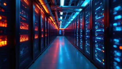 Fototapeta premium Intricate web of fiber optic cables, data center infrastructure, internet, technology background