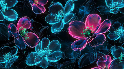 pattern with glowing flowers in electric blue pink and green on a dark futuristic background high quality 