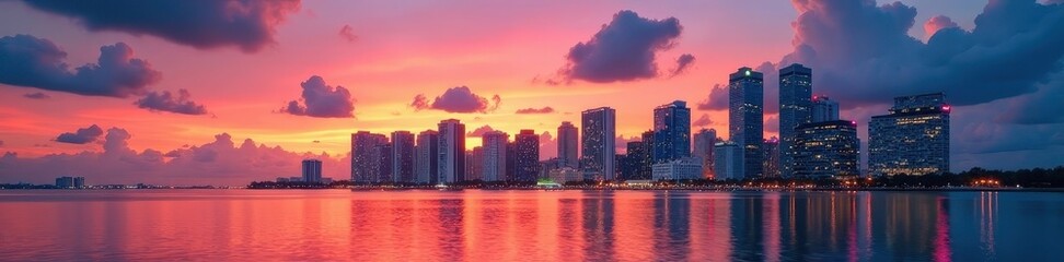 Stunning Miami downtown panorama at sunset, glittering cityscape over tranquil water , Florida, golden hour