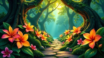 Enchanted Forest Path A Serene Journey Through Lush Greenery and Vibrant Blossoms