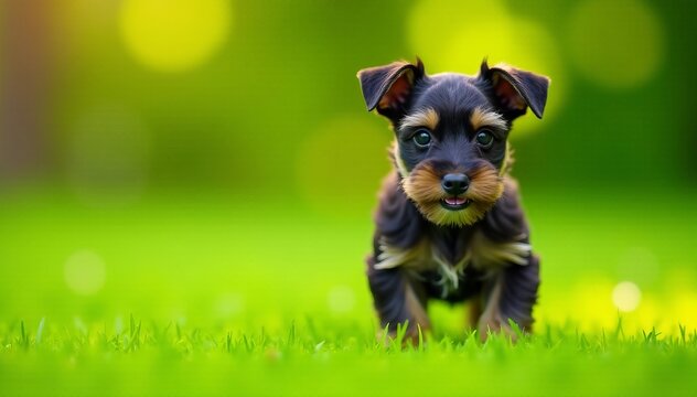 Adorable miniature schnauzer puppy playing in green grass, puppy, outdoors, small - Powered by Adobe