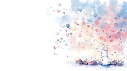 Charming bunny among colorful hearts enchanted garden watercolor art whimsical atmosphere side view magical concept