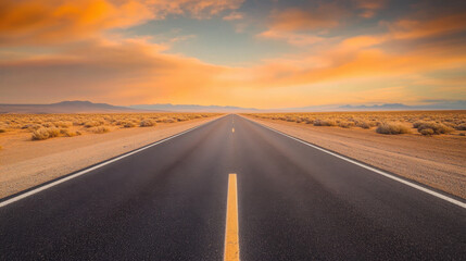 Naklejka premium straight road stretching into distance under colorful sky, surrounded by desert landscape, evokes sense of adventure and freedom