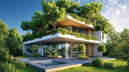 Obraz premium A residential house with trees towering over the roof, creating a potential hazard.