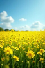 Fototapeta premium Sunny field of bright yellow rapeseed flowers swaying gently in the breeze, spring, golden hue