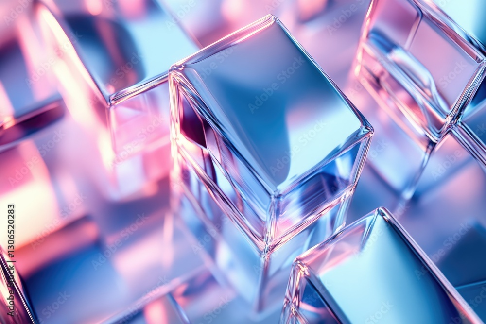 Poster Abstract image of translucent cubes reflecting vibrant pink and blue light, creating a visually stunning and modern aesthetic.