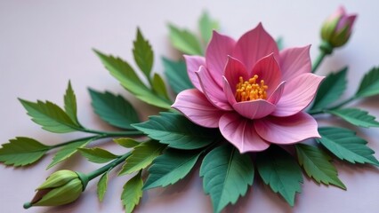 Obraz premium Delicate Pink Flower with Lush Green Foliage, a Close-Up Artisan Floral Arrangement