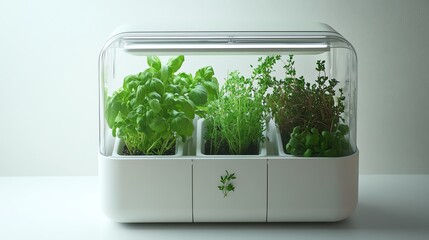Indoor herb garden kit with vibrant green plants in a sleek design.