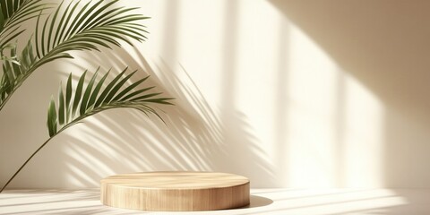 Wooden Product Display Platform with Tropical Leaf Shadows for Showcase