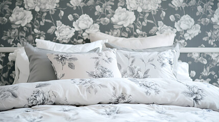 floral pattern delicate peonies and roses with French-inspired motifs on a soft gray background high quality 