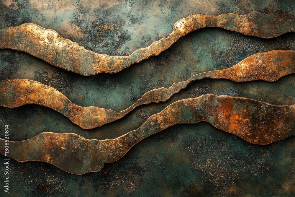 Poster abstract art featuring three wavy, textured metallic forms in copper and bronze tones on a dark teal