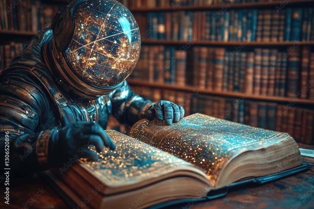 Poster astronaut reading a book in a space suit, great for sci-fi or futuristic themes