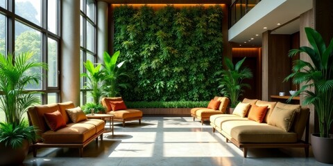 Fototapeta premium Luxurious Living Room with Abundant Natural Light and a Vibrant Vertical Garden Feature