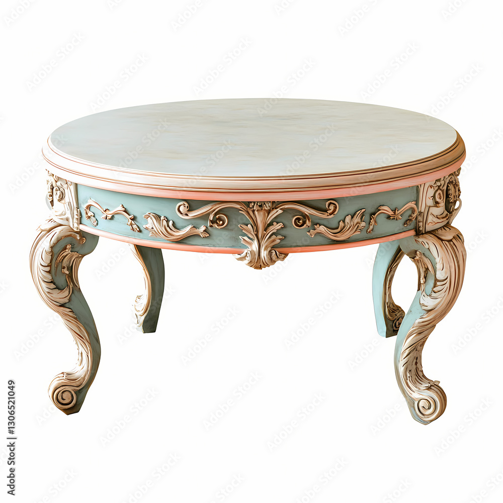Poster elegant round table with intricate carvings and blue accents generative ai