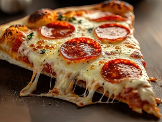 Delicious Pepperoni Pizza Slice with Dripping Melted Cheese and Herbs, Food Photography