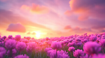 vibrant chive field filled with colorful flowers under sunset sky, creating serene and picturesque landscape. soft clouds and warm hues evoke sense of tranquility and beauty