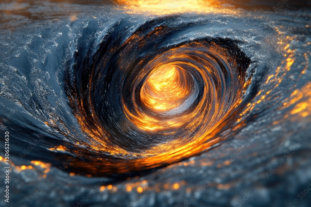 Poster a swirling vortex of dark water, fiery core glowing intensely, creating a mesmerizing, otherworldly 