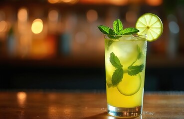 Refreshing caipirinha cocktail glass on bar table. Lime slices, mint leaves, ice cubes in sweet and bitter beverage with rum. Cold summer drink close-up with wood texture, dark background.