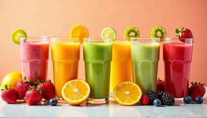 Fototapeta premium An array of fresh fruit smoothies in clear glasses against a bright background, beverages, drinks, colorful