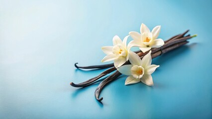 Fragrant Vanilla Bean Pods and Delicate Blossoms on a Serene Blue Background