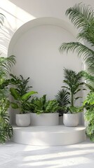 Tropical plants on white display podium, sunlit room, minimalist background, product showcase