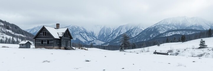 Obraz premium An old, weathered cabin sits isolated in the rugged mountains, surrounded by tall trees and a blanket of snow, mountainscape, trees