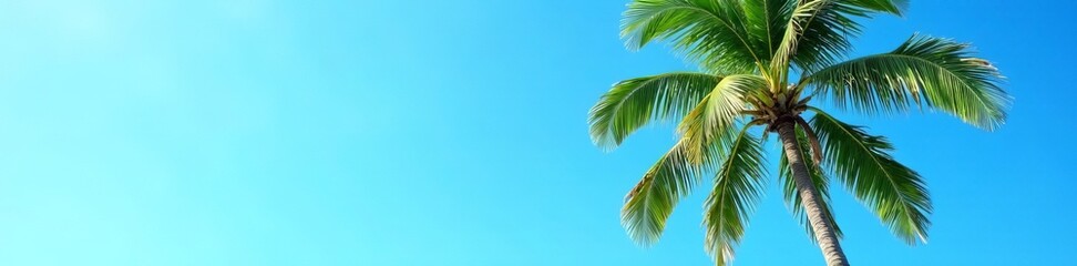 Fototapeta premium A tall palm tree with lush green leaves against a clear blue sky, palm tree, tall, blue sky