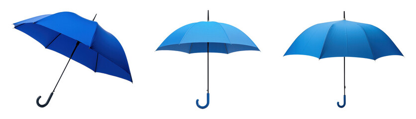 Trio of vibrant blue umbrellas against a black background