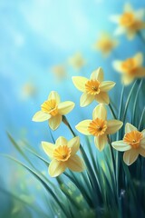 Fototapeta premium Vibrant Yellow Daffodils in Bloom, Close Up on a Sunny Spring Day With Bright Blue Sky