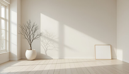 minimalist scandinavian interior with empty wall and winter tree in planter