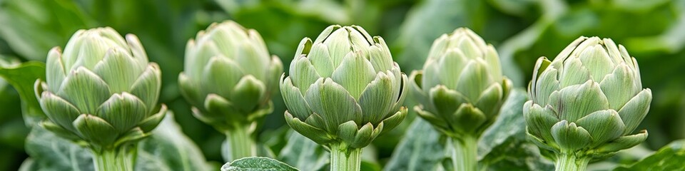 Fototapeta premium Close-up Vibrant Green Artichoke Buds Flourishing in the Field, Fresh and Ready for Harvest.